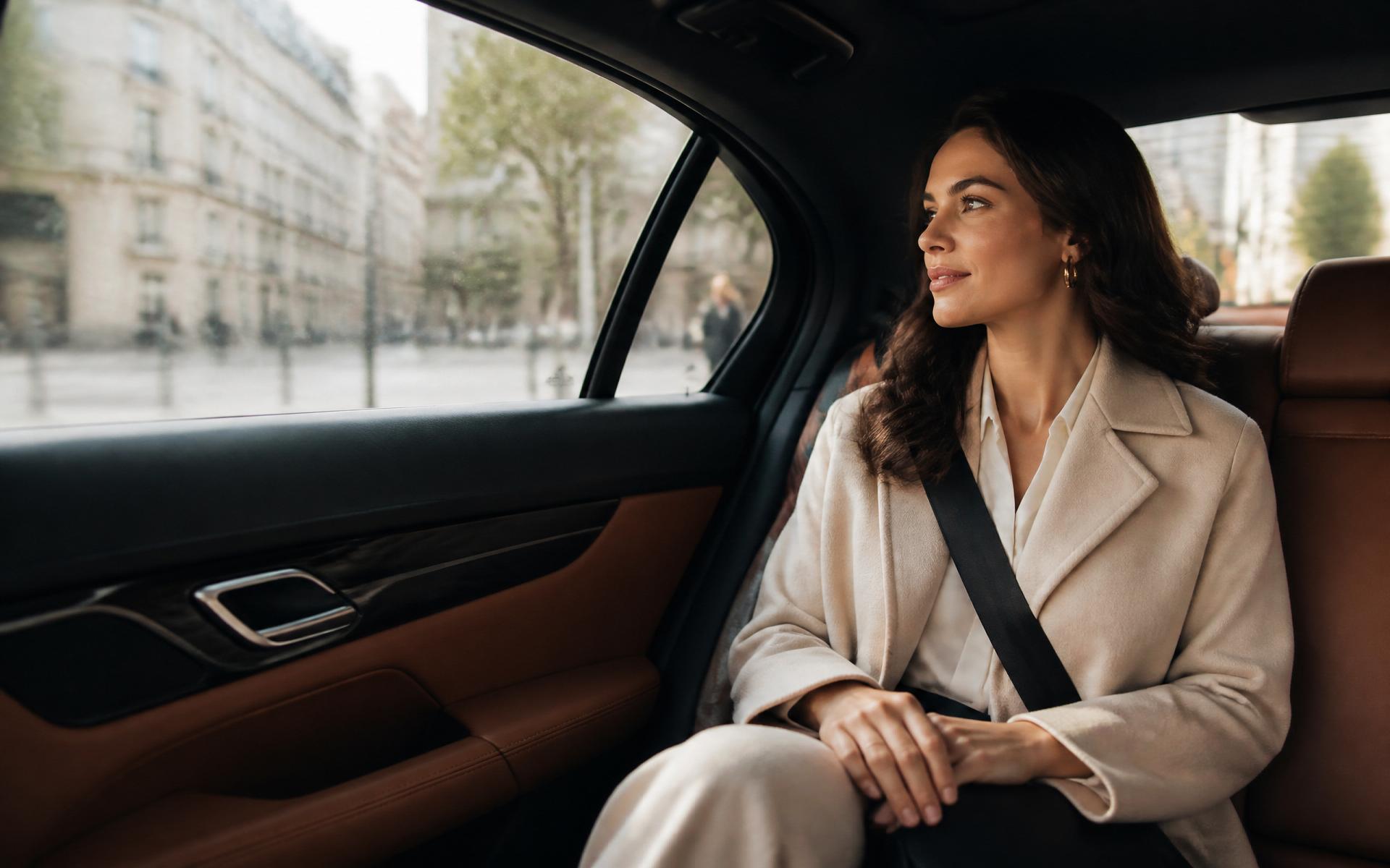 Passenger travelling comfortably in a GetLimo.ca chauffeured luxury sedan through the city
